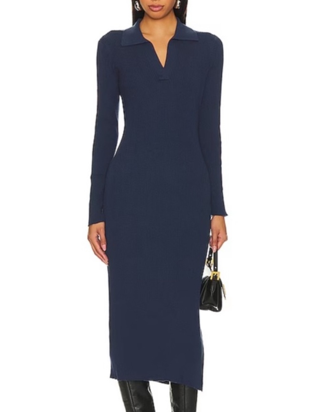 Rails Luciana Navy Rib Knit Long-Sleeve Collared Midi Dress